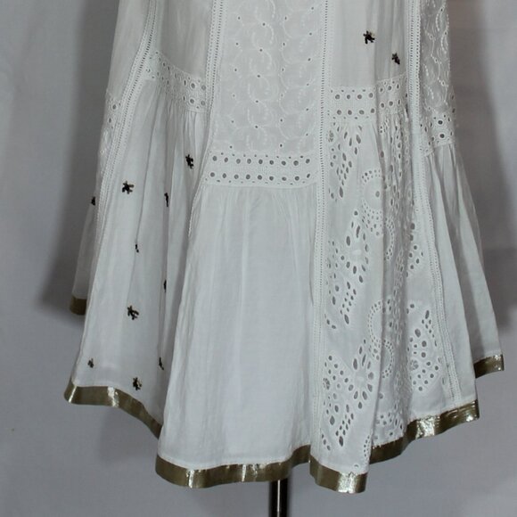 Anthropologie Leifnotes White Eyelet Gold Trim Beaded Sleeveless Dress Size 6 - Picture 6 of 9